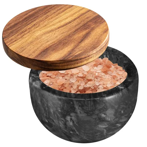 Jalz Jalz Salero de sal con cuchara, base de mármol negro, tapa de acacia natural, cajas decorativas, recipiente para condimentos, diseño elegante,