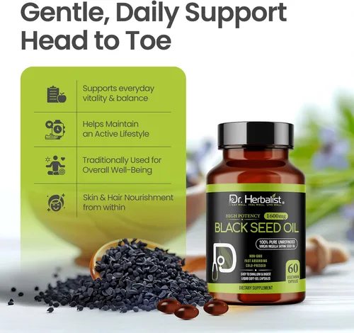 Miniatura 9 de Dr. HERBALIST Cápsulas de aceite de semilla negra de 1600 mg - Aceite de semilla de comino negro prensado en frío, Nigella Sativa - 60 cápsulas