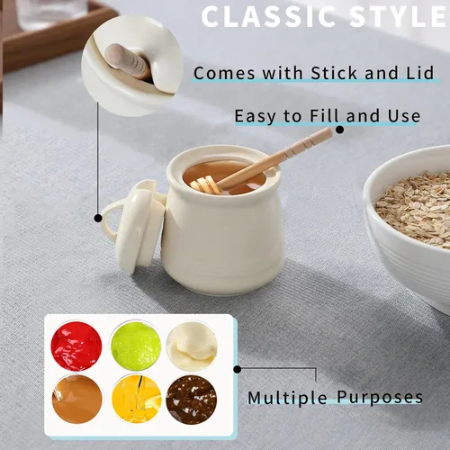 Miniatura 5 de Olla de cerámica para miel con tapa y cuchara de miel, tarro de miel de porcelana fácil de limpiar y apto para lavavajillas, 12 onzas (beige)