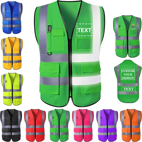 Miniatura 14 de Chaleco de seguridad personalizado para hombres con bolsillos de logotipo, ropa de trabajo protectora personalizada de alta visibilidad con tira