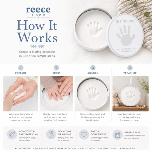 Miniatura 3 de Reece Studio Kit de arcilla para imprimir huellas de bebé en lata, creadores de huellas de mano o pie de recién nacido, caja de recuerdos para bebé