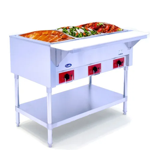 Atosa CookRite CSTEA-3C 3 Wells Calentador eléctrico de alimentos de tamaño completo con tabla de cortar de 7 pulgadas | Mesa de vapor Bain Marie