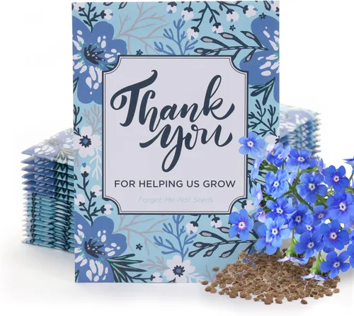 Bentley Seed Co. Paquete de agradecimiento – Help Us Grow Forget Me Not – 25 paquetes de semillas – Regalo de agradecimiento ecológico perfecto –