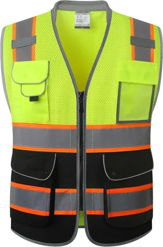 Miniatura 47 de JKSafety Chaleco de seguridad frontal con cremallera de alta visibilidad de 9 bolsillos de color dual MESH Lite Tira reflectante con ribete