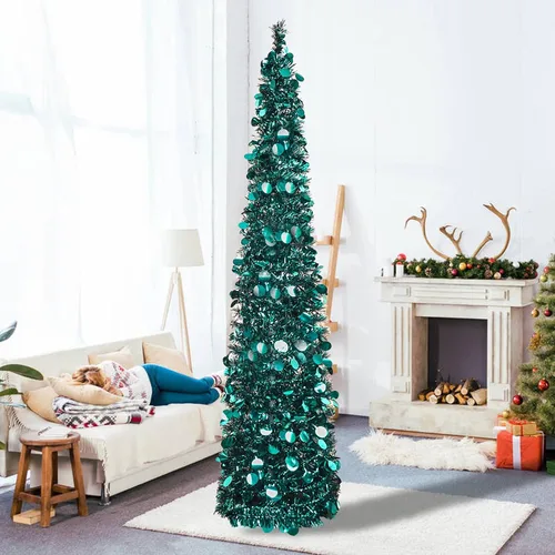 Árbol de Navidad de oropel verde azulado desplegable de 5 pies, árboles de Navidad artificiales tipo lápiz delgados plegables para decoración del