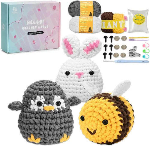 Zepiany Kit de ganchillo para principiantes con hilo para principiantes, kit de ganchillo Amigurumi para principiantes, kit de tejer animales de