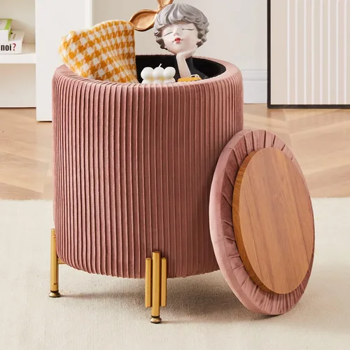 Miniatura 18 de Otomana Redonda Reposapiés con Almacenamiento y Patas de Metal para Sala de Estar y Dormitorio, Reposapiés Tapizado de Terciopelo Soporta 300 libras