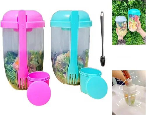 Miniatura 16 de Vaso coctelero de ensalada Keep Fit 2022 con tenedor y soporte para aderezo, cepillo de lavado fresco, recipiente de salud, desayuno portátil
