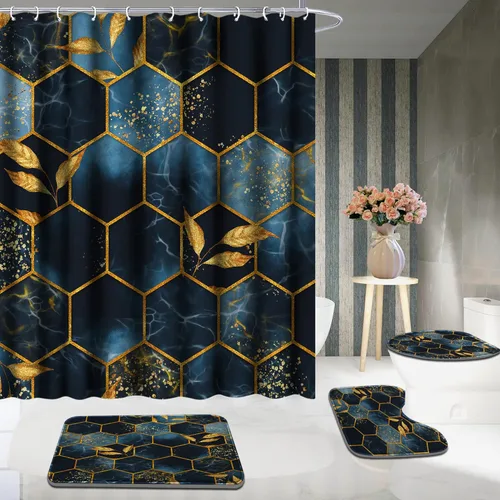 Miniatura 5 de Poedist Juego de 4 cortinas de ducha de baño, juegos de baño con alfombras (tapete de baño, forma de U y tapa de inodoro) y 12 ganchos, mármol