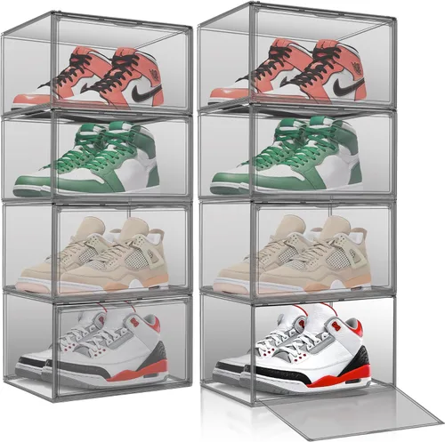 Miniatura 21 de Paquete de 2 cajas de zapatos de acrílico para armario, transparentes, apilables, tamaño 12 contenedores de almacenamiento de zapatos con tapas