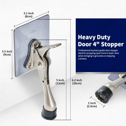 Miniatura 6 de HOME&I Tope de puerta abatible de 4 pulgadas con placa de montaje autoadhesiva grande, tope de puerta ajustable resistente, soporte de puerta Níquel
