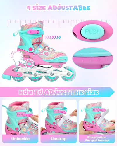 Miniatura 5 de Sportneer Patines en línea ajustables de 4 tamaños para niñas, patines en línea para niños, talla 12C-9 con ruedas iluminadas, patín
