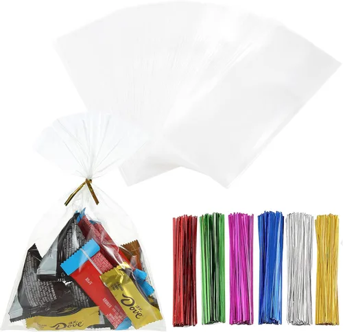 Miniatura 22 de 200 bolsas de celofán planas de celofán de 7 x 12 pulgadas con lazos torcidos de 6 colores, embalaje de galletas, dulces, postres de regalo, bolsas