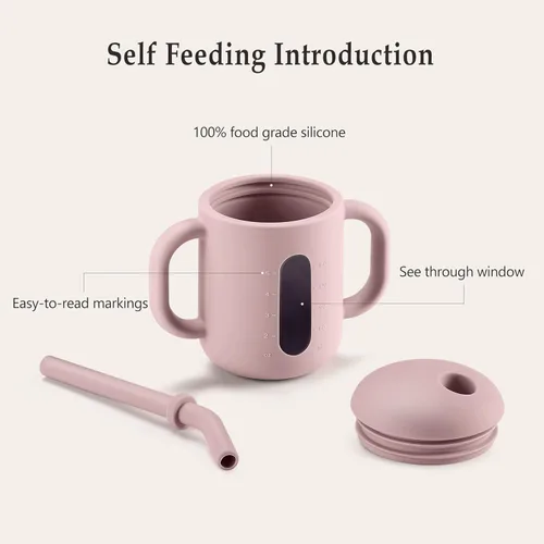 Miniatura 2 de CLYMENE Taza de entrenamiento de silicona con popote y asas, taza para beber para bebé, taza para beber agua para bebés y niños pequeños de 6 meses