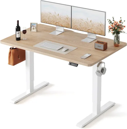 FEZIBO Escritorio de pie, 48 × 24 pulgadas, altura eléctrica ajustable, para sentarse y ponerse de pie, escritorio de oficina para computadora con