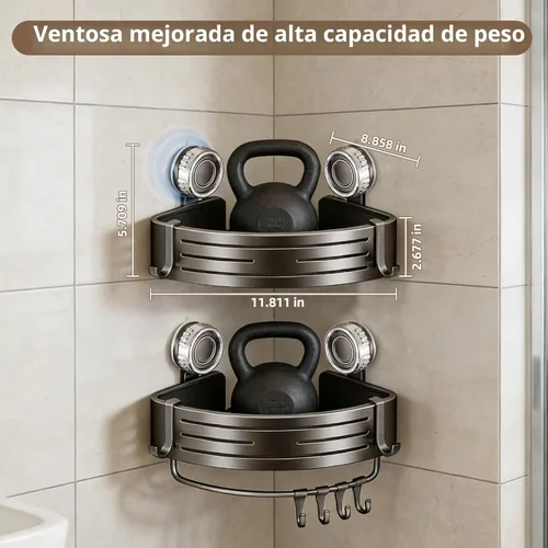 Miniatura 2 de Organizador de ducha de esquina, estante de pared de baño con ventosa, organizador de aluminio sin taladrar con ganchos, estante flotante