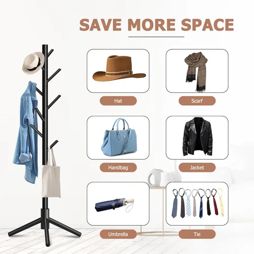 Miniatura 8 de Perchero, Percheros independientes con 8 ganchos, 3 alturas ajustables para ropa, sombreros, bolsos, árbol perchero de fácil montaje para entrada