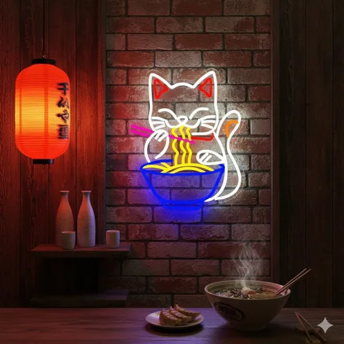 Miniatura 2 de Letrero de neón de gato de la fortuna Ramen, letrero de neón LED de gato de la suerte japonés regulable para decoración de pared, alimentado por USB