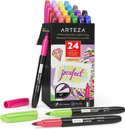 Arteza Marcadores permanentes, juego de 24, bolígrafos de punta fina, colores retro pop, impermeables, decoraciones de calabaza de Halloween, arte y