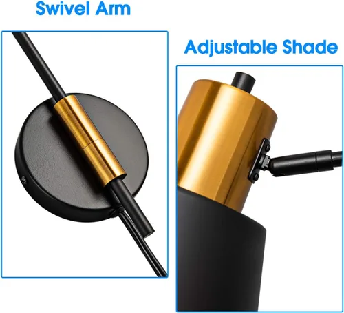 Miniatura 3 de Juego de 2 apliques de pared modernos con brazo oscilante para enchufar, luces de pared negras giratorias con cable de encendido/apagado