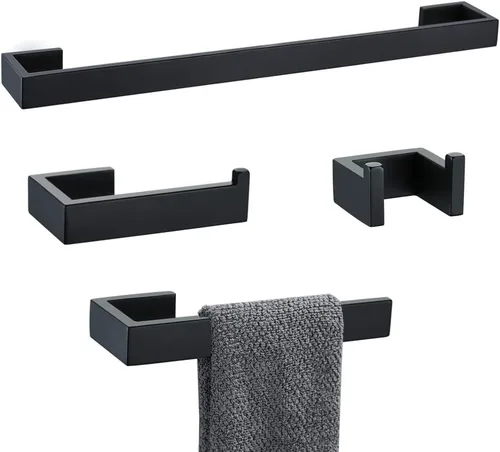Juego de 4 piezas de accesorios de hardware para baño, color negro, incluye toallero, soporte para toallas, gancho para bata, soporte para papel