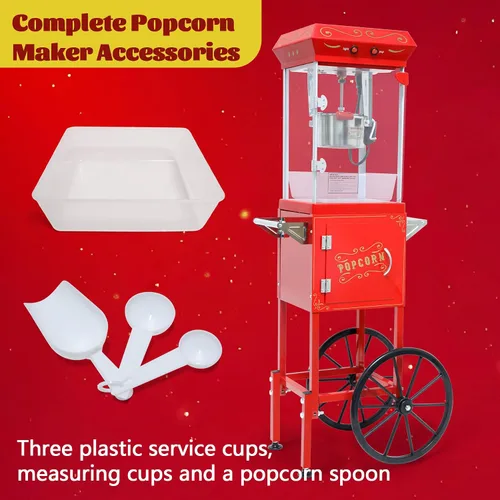 Miniatura 5 de Máquina de palomitas de maíz vintage con carrito, carrito de palomitas de maíz de 6 onzas, máquina para hacer palomitas de maíz con gabinete de Rojo