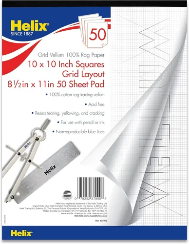 Helix - Bloc de papel 100 % vellum de trapo, 1 pulgada equivale a cuadrícula de 10 x 10 pulgadas, 8.5 x 11 pulgadas, bloc de 50 hojas, sin ácidos,