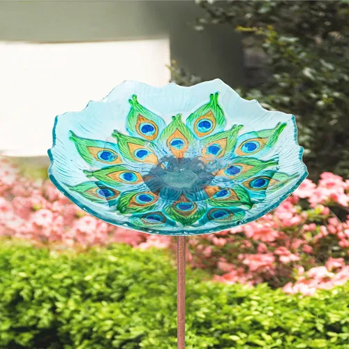 Miniatura 3 de MUMTOP - Bañera de cristal para pájaros, para jardín y exteriores, bañera o comedero de aves, con estaca de metal, estilo pavo real