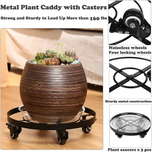 Miniatura 2 de Paquete de 3 posavasos de metal para plantas de 10.6 pulgadas, con ruedas, soporte rodante resistente para plantas con ruedas para interiores y Negro