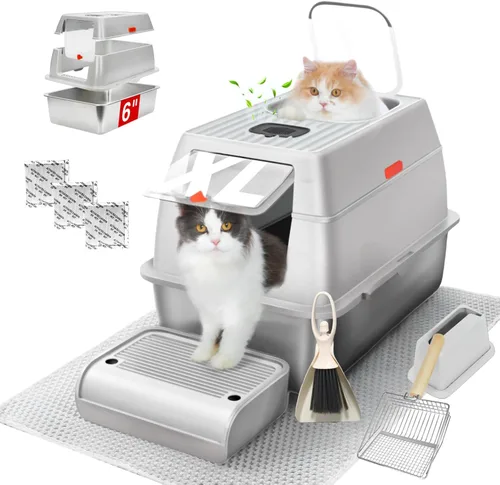 Caja de arena XL de acero inoxidable con tapa, caja de arena de metal completamente cerrada de 6" de profundidad para gatos, a prueba de fugas,