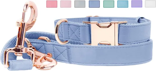 Miniatura 14 de Juego de collar y correa de cuero suave para perro (6.6 pies), elegante hebilla de metal resistente de oro rosa, correa de 4 longitudes ajustables
