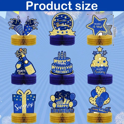 Miniatura 2 de Gersoniel 9 piezas de decoración de mesa de feliz cumpleaños, centros de mesa de panal de abeja con purpurina, decoración de fiesta azul y dorada