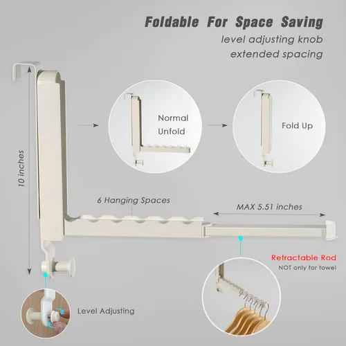 Miniatura 5 de Escurridor de ropa plegable con 3 soportes para montaje sobre la puerta y la pared, estante de metal para secadora de ropa con barra retráctil