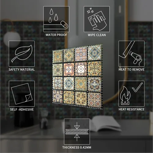 Miniatura 3 de Alwayspon 25 unidades de transferencias de azulejos de mosaico de despegar y pegar para pared para decoración del hogar, 4 x 4 pulgadas, calcomanías