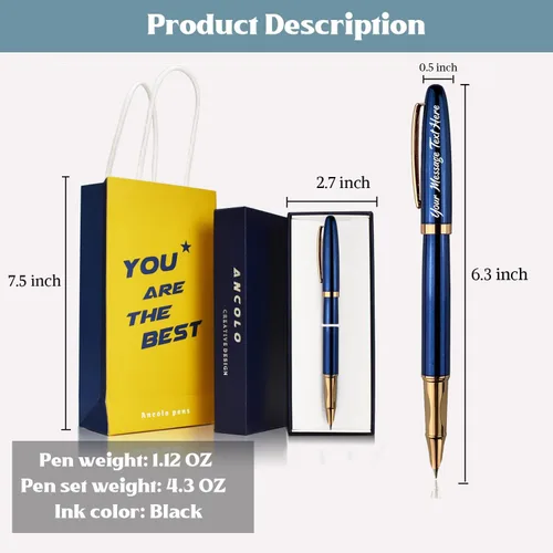 Miniatura 5 de Ancolo Pluma estilográfica personalizada con cuerpo de metal con caja para bolígrafos, 2 cartuchos de tinta negra personalizados con tu mensaje