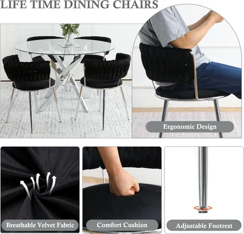 Miniatura 5 de Juego de mesa de comedor de cristal negro de 47 pulgadas para 4, juego de mesa de cocina minimalista moderno y 4 sillas de comedor de terciopelo