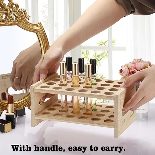 Miniatura 8 de ELLDOO Organizador de perfume Rollerball, soporte de almacenamiento de perfume de bambú para 24 espacios, soporte de aroma de belleza con asa