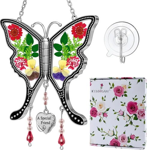 Miniatura 18 de KY&BOSAM Atrapasoles de mariposa con texto en inglés "I Love You Sister" para ventanas con flores secas y prensadas reales, dije de corazón grabado