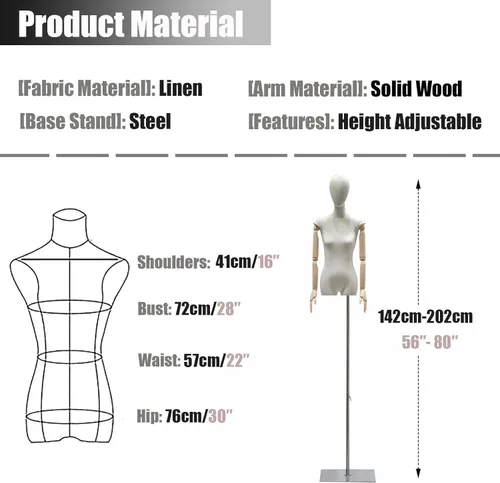 Miniatura 6 de Adjustable Female Mannequin Torso with Head & Wooden Arms - Ideal Dress Form for Sewing, Clothing Display, Jewelry Showcase, Tailoring & Fashion