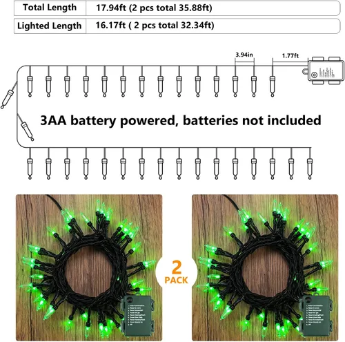 Miniatura 7 de BrizLabs - Cadena de luces verdes, 5.47 metros, 50 luces LED para Navidad, 8 modos, luces de batería verdes para interiores/exteriores, mini cadena