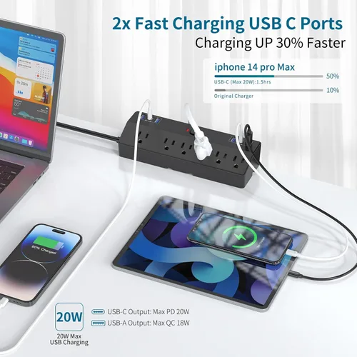 Miniatura 2 de JXGUCAT - Regleta de alimentación con abrazadera de escritorio de 6 pies con puertos USB C de 40 W, enchufe plano para montaje en escritorio
