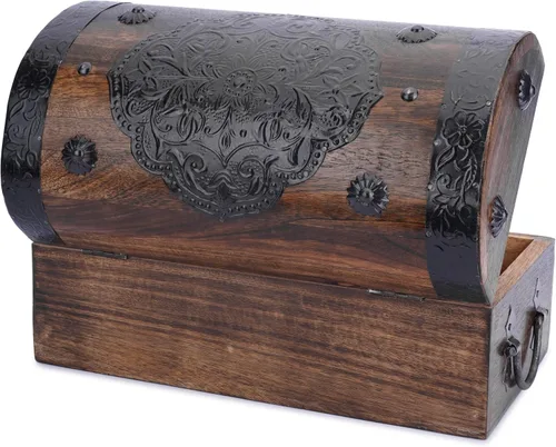 Ajuny Cofre del tesoro pirata de madera hecho a mano, caja de almacenamiento vintage y decorativa con tiras de concha, organizador grande para joyas
