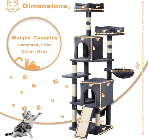 Miniatura 5 de LETKIND - Árbol para gatos, torre de gatos de 70 pulgadas con hamaca, poste para rascar, condominio y torre de gatos de múltiples niveles, gran Gris