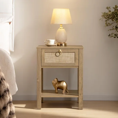 SICOTAS Mesita de noche de ratán, cajón decorativo de ratán con perillas de latón, mesita de noche, mesa auxiliar bohemia con estante de