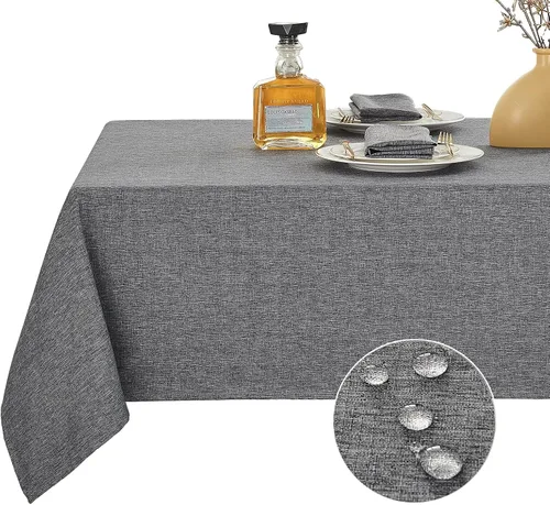 Miniatura 15 de Mantel redondo de lino, mantel de estilo granja impermeable y resistente a las manchas, cubierta de mesa de decoración falsa lavable para cocina