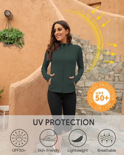 Miniatura 6 de We1Fit Chaqueta de protección solar UPF 50+ para mujer, sudadera con capucha para senderismo, correr, atlética