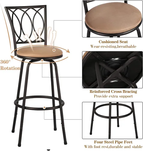 Miniatura 7 de VECELO Taburetes de bar, taburete de bar ajustable de 24/29 pulgadas, taburete giratorio con asiento tapizado, sillas de pub bistró de acero