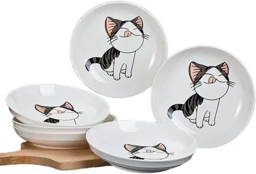 Juego de 5 platos de cerámica con bonito diseño de gato, platos llanos grandes de porcelana para ensalada de postre de 7.28 pulgadas, platos de