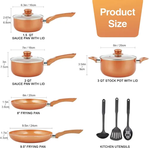 Miniatura 2 de M MELENTA Juego de ollas y sartenes ultra antiadherentes, preinstalados 11 piezas de utensilios de cocina de cobre con revestimiento de cerámica