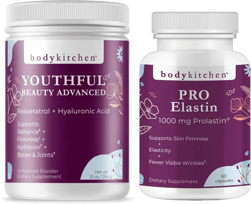 Body Kitchen Youthful Beauty Advanced - Péptidos de colágeno en polvo y resveratrol y ácido hialurónico, 10 onzas y Pro-elastina, cantidad de 60
